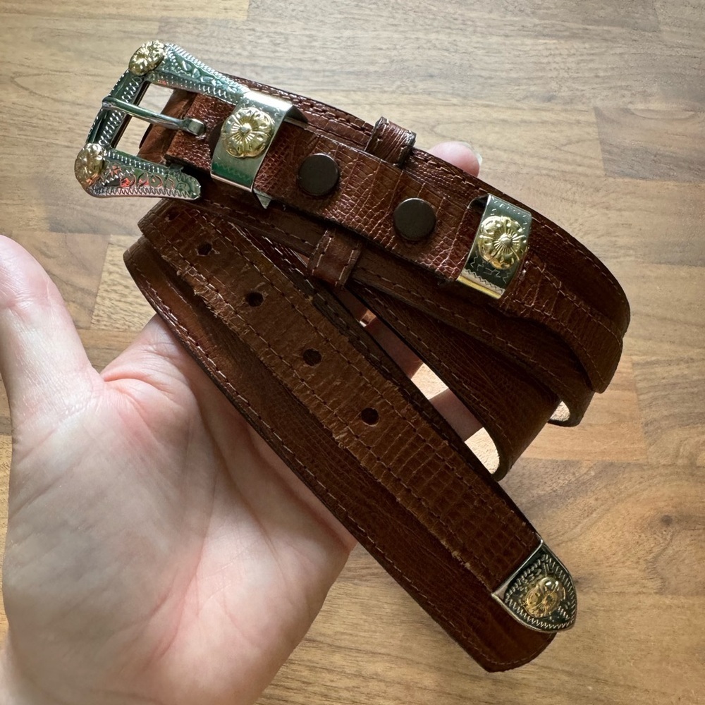 Vintage Brown and Silver Leather Belt Classic Design
